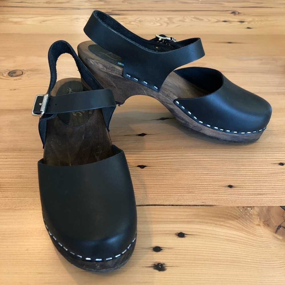 Lotta From Stockholm Black Leather Wood-Soled Clogs